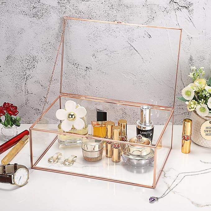 Hipiwe Vintage Glass Box with Lid - Rectangle Jewelry Display Box Vanity Lidded Box Glass Trinket Organizer Rose Golden Decorative Boxes for Keepsakes Perfume,X-Large