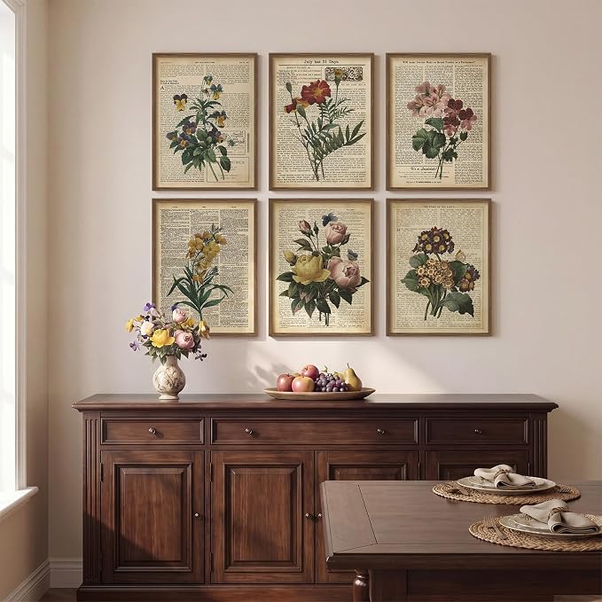 Framed Vintage Floral Wall Art, Set of 6 Colorful Flower Canvas Prints, Rustic Farmhouse Botanical Artwork for Bedroom Living Room Kitchen Dining Room Hallway Office Apartment Home Decor, 11x14 Inch