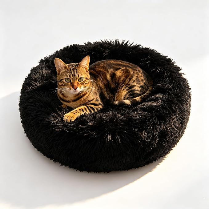 Cat Beds for Indoor Cats - Cat Bed Washable 20/24 inches, Dog Beds for Small Medium Dogs, Anti Anxiety Round Fluffy Plush Faux Fur Cat Bed, Thick Bottom (Dark, Medium)