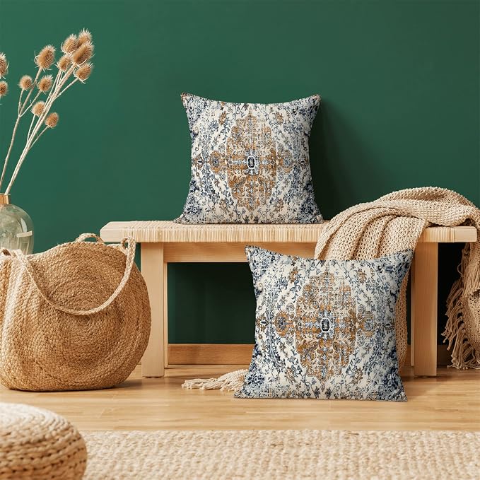 AEIOAE Boho Pillow Covers 16x16 Inch Set of 2,Carpet Pattern Throw Pillows Case,Rust Blue Ethnic Design Outdoor Decorative Square Linen Farmhouse Decor Cushion Covers for Home Sofa Bed Couch