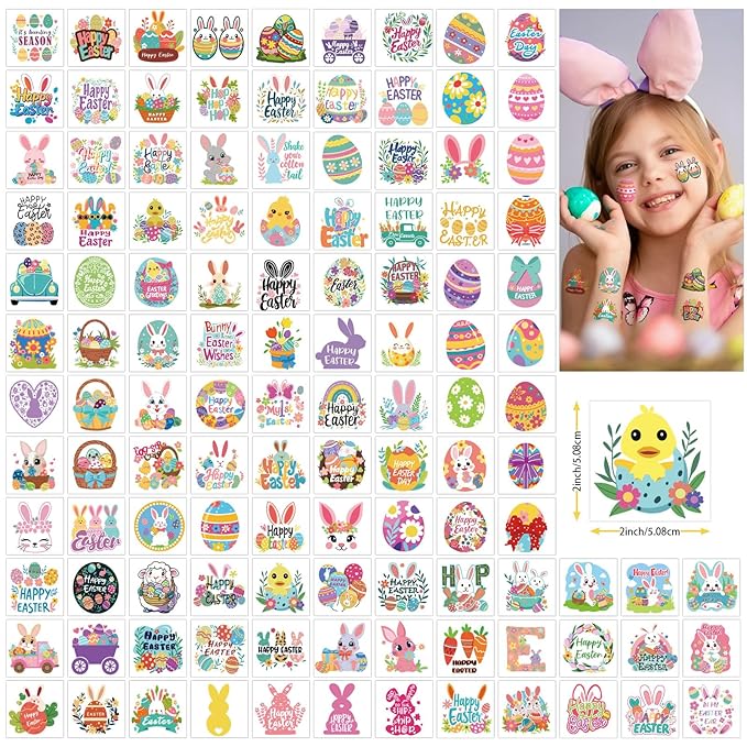 117PCS Easter Temporary Tattoos for Kids Men Women, Tiny Easter Egg and Bunny Fake Tattoos Stickers, Easter Face Body Fake Tattoos for Adults, Easter Basket Stuffers Party Favors Decoration