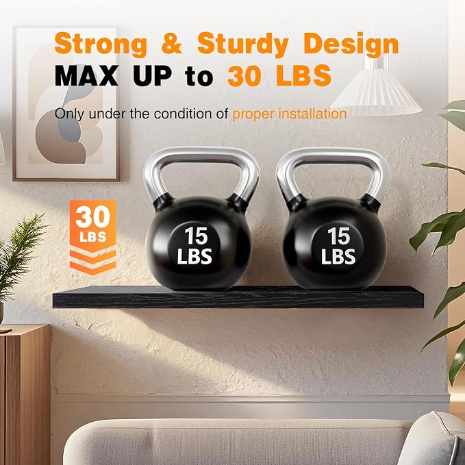 BAYKA Black Floating Shelves 35.4in, Set of 2, Wall Mount Rustic Wood Shelf | Easy Install, 30lbs Max Load, Hidden Bracket, for Bathroom Bedroom Kitchen Display Storage Decor, Multi-Wall Compatible