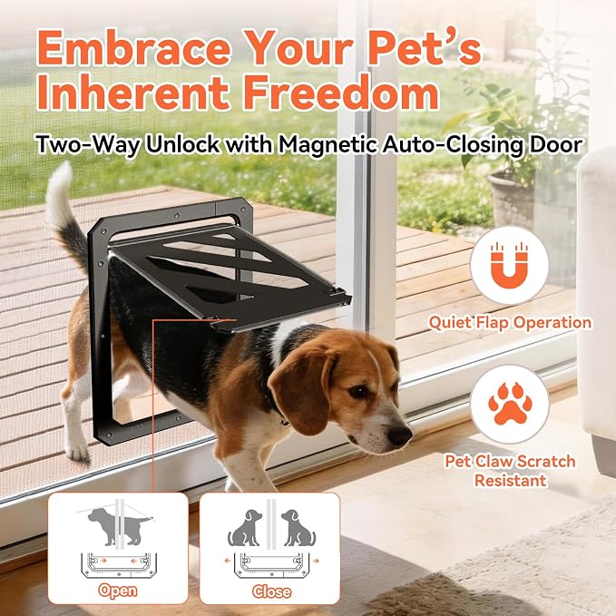 LIBBEPET Dog Door for Screen Door with Lockable Flap for Dog ≤50 lbs, Black | Outer Size 13"x17", Reinforced ABS Frame, Magnetic Auto-Reset Flap, Mosquito Resistant Brush, Scratch Resistant