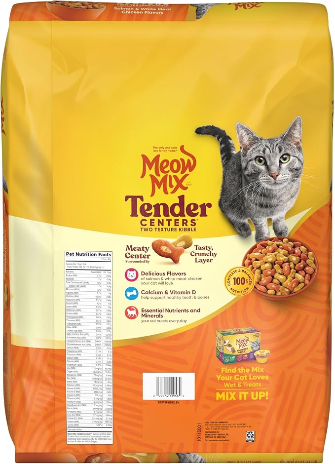 Meow Mix Tender Centers, Salmon & White Meat Chicken Flavors, Dry Cat Food, 20 lb. Bag | Dry cat food with two texture kibble, meaty center surrounded by a crunchy outer layer, complete and balanced nutrition
