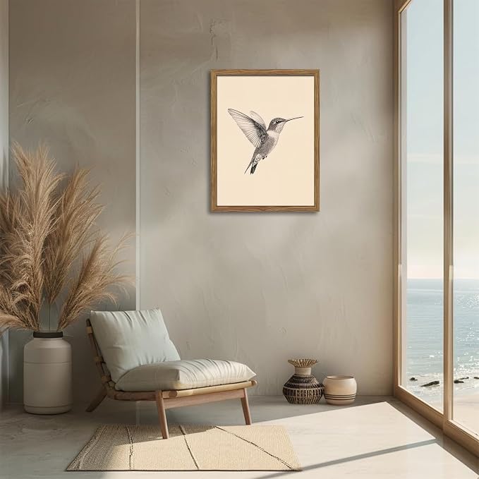 Vintage Framed Wall Art, Birds Canvas Prints, Hummingbird Sketch Painting Picture, Neutral Farmhouse Artwork Wall Decor for Living Room Bedroom – Dark Wooden Frame 16x24in
