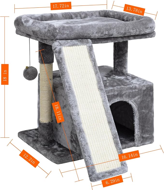 Small Cat Tree for Indoor Cats, Cat Tower with Scratching Post and Board, Cat House with Perch for Kitten, Stable Condo and Stand (Light Grey)
