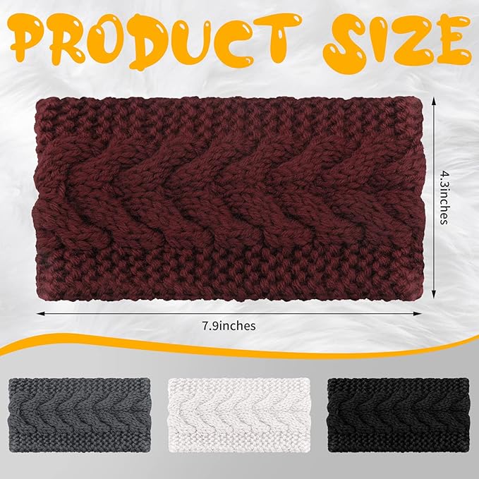 4 Pieces Winter Ear Warmers Headbands Women Warm Knitted Headband Braided Crochet Head Wraps (Black, Fuchsia, Dark Grey, Beige)