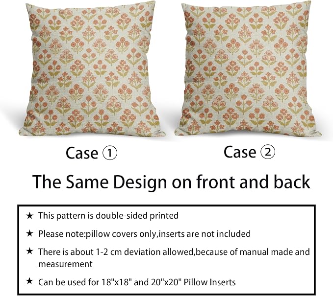 Orange Yellow Floral Block Print Pillow Covers 20x20 Inch Set of 2, Vintage Flower Pattern Decorative Throw Pillowcases Outdoor Farmhouse Cushion Covers Spring Summer Rustic Sofa Couch Bed Decor