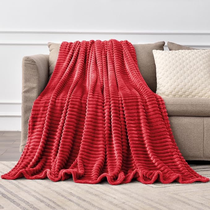 BEDELITE 3D Ribbed Jacquard Red King Size Blankets for Bed, 108x90 Inch | Soft Warm Decorative Fluffy Blanket, Cozy Fuzzy Lightweight Plush Fleece Throw Blankets for Bed, Room Decor, Gift for Women
