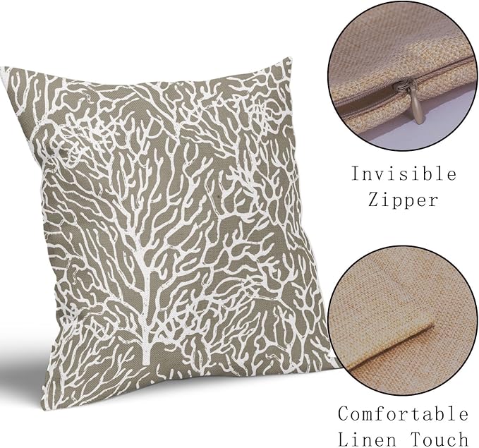 Nautical Coastal Coral Pillow Covers 16x16 Inch Set of 2 Summer Ocean Beach Taupe Decorative Pillow Cases Outdoor Linen Cushion Cover Farmhouse Decor for Bedroom Home Sofa Couch Bed