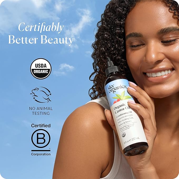 Sky Organics - Castor Oil Organic - Volumizing Hair Oil - Scalp, Lashes, Brows - Pure Castor Oil Cold Pressed - Natural Conditioner - Omega Fatty Acids, Vegan - Beauty, Hair Care, & Self Care - 8oz