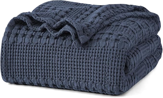 PHF 100% Cotton Waffle Blanket Twin Size, Lightweight Breathable Summer Blanket for Hot Sleepers, Pre-Washed Soft Layer for Bed, Dorm, Couch & Guest Room, Home Decor Gift, 66"x90", Indigo