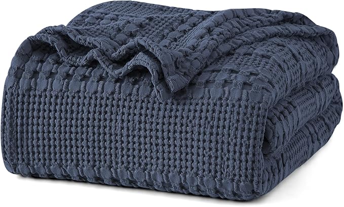 PHF 100% Cotton Waffle Weave Blanket Queen Size, Lightweight Breathable Summer Blanket for Hot Sleepers, Pre-Washed Soft Layer for Bed, Couch, Aesthetic Home Decor & Gift, 90"x90", Indigo