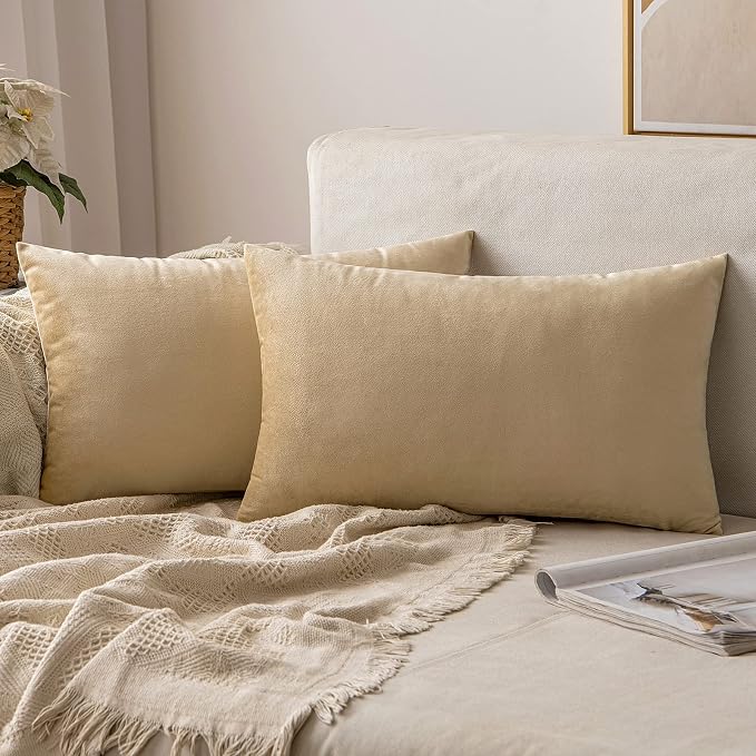 MIULEE 12x20 Inch Lumbar Velvet Throw Pillow Covers Beige | Pack of 2 Soft Solid Decorative Pillow Covers, Modern Luxury Home Decor, for Chair Couch Sofa Bedroom Livingroom