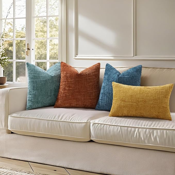 decorUhome Textured Chenille Throw Pillow Covers 24x24 Set of 2 Navy Blue | Fall Modern Farmhouse Soft Cozy Slubby Couch Pillow Cases Boho Decorative Pillow Cases for Bed Sofa Living Room Home Decor