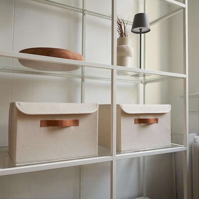 Decorative Linen Storage Boxes with Lids - Large Set of 2 Organizer Bins | The Perfect Container for Home Decor - Safely Store Photos, Documents and Memory Box Keepsakes in Style