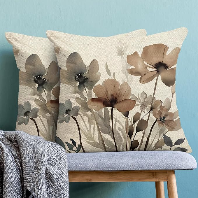 Spring Floral Pillow Covers 18x18 Inches Set of 2 Watercolor Brown Floral Throw Pillow Cover Outdoor Rustic Summer Flower Decor Pillowcase Farmhouse Decorative Linen Cushion Cover For Home Sofa