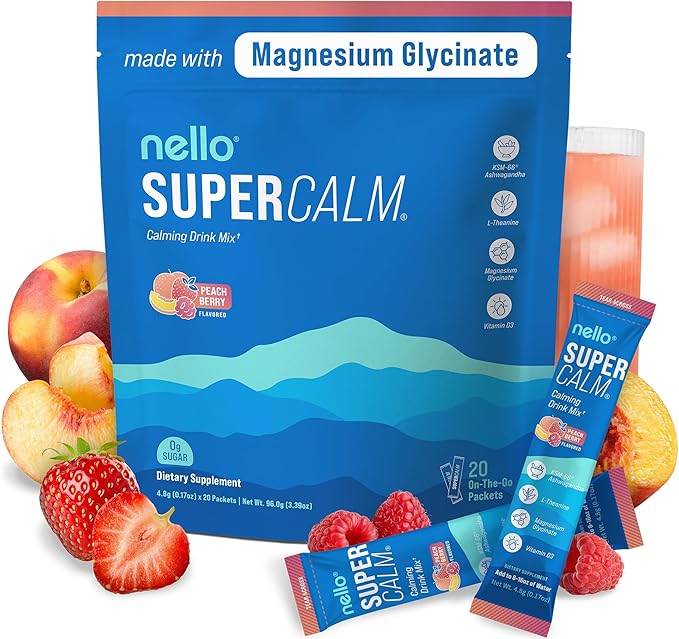 Nello Supercalm Drink Mix - Ashwagandha KSM 66, Magnesium Glycinate & L-Theanine Supplement - Ashwagandha Root Extract - Focus and Relaxation Support (20 Travel Packets) - Peach Berry