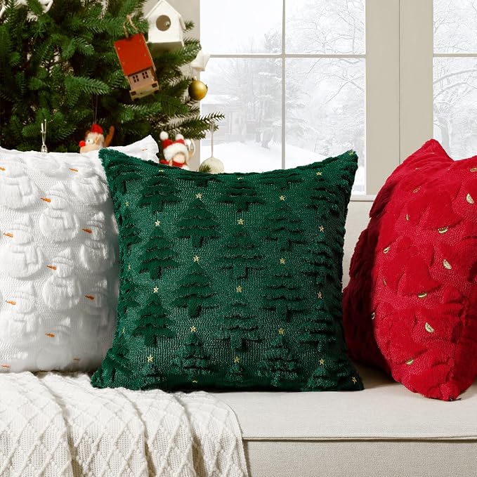 Softalker Christmas Throw Pillow Covers 20 x 20 Inch Set of 2, Xmas Winter Bell Faux Fur Cushion Covers, 3D Embroidered Pillow Cases for Couch Bedroom Living Room Decor, Red