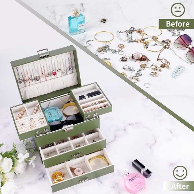 Jewelry Organizer Box, Large Jewelry Boxes for Women Girls, Space-Saving 4 Layers Jewelry Storage Case with Drawer, Movable Metal Stand, Modern, Gift Idea (Green)