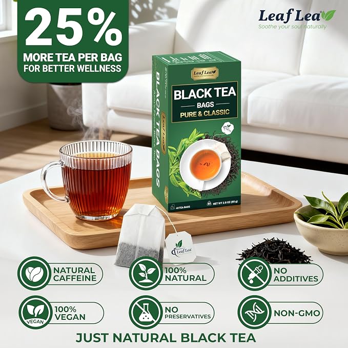 LeafLea Premium Black Tea Bags, Rich Robust Loose-Leaf Style Brew, 80 Count | Smooth Naturally Caffeinated Cup, Bright Malty Body, Hot or Iced; Sugar-Free, Vegan; Foil-Sealed Freshness