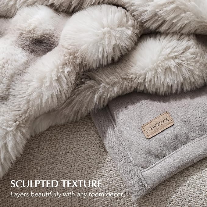 Faux Rabbit Fur Bubble Throw Blanket, 50"x60", Light Grey | Ultra Soft, Luxury Faux Rabbit Fur Throw, Thick Warm Bubble Blanket, Cozy Fluffy Reversible, for Bed, Couch, Chair, Sofa