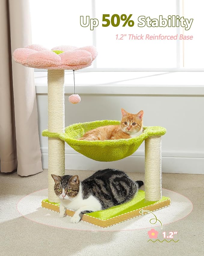 Flower Cat Tree, 28" Cat Tower with Cozy Flower Perch, Large Hammock for Indoor Small Cats, Cute Cat Tree with Sisal Scratching Post and Fur Toy Ball for Kittens, Pink | Plush flower perch, Metal frame hammock, Sisal post, Fluffy toy ball, Thickened st...