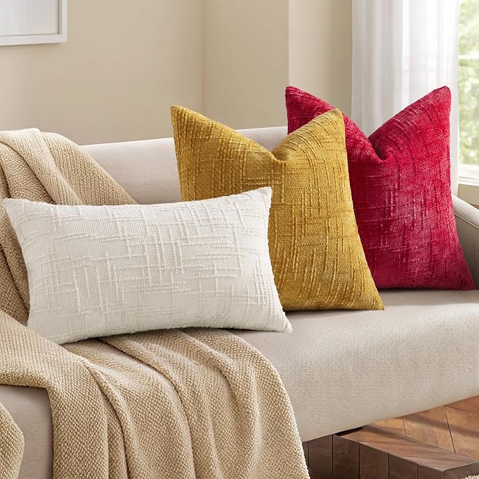 decorUhome Textured Chenille Throw Pillow Covers 20x20 Set of 2 Red | Fall Modern Farmhouse Soft Cozy Slubby Couch Pillow Cases Boho Decorative Pillow Cases for Bed Sofa Living Room Home Decor