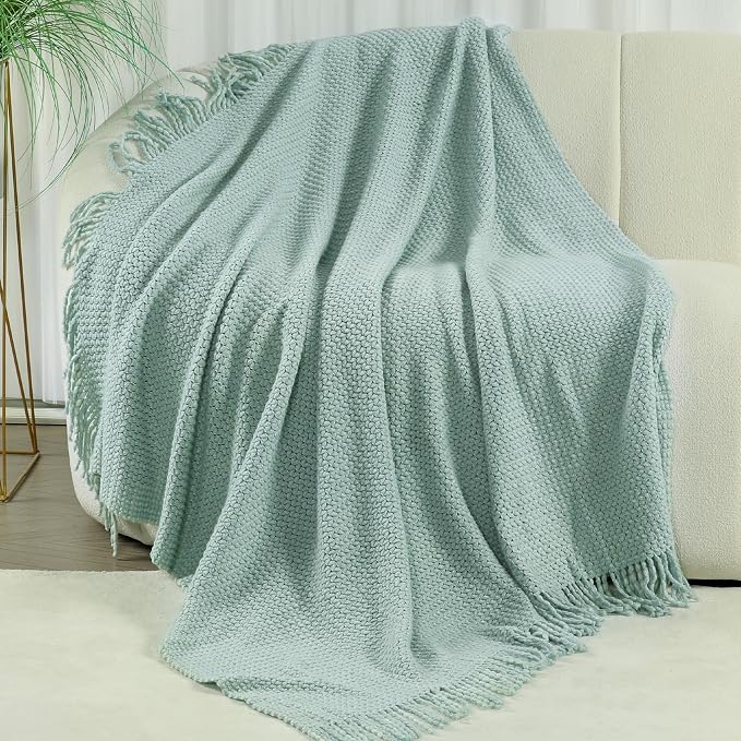 Blagic Wheat Textured Knit Throw Blanket for Couch,Blue and White,50"x60" | Soft Farmhouse Boho Throw Blanket with Tassels,Decorative for Living Room,Gifts for Adults,All Season Use