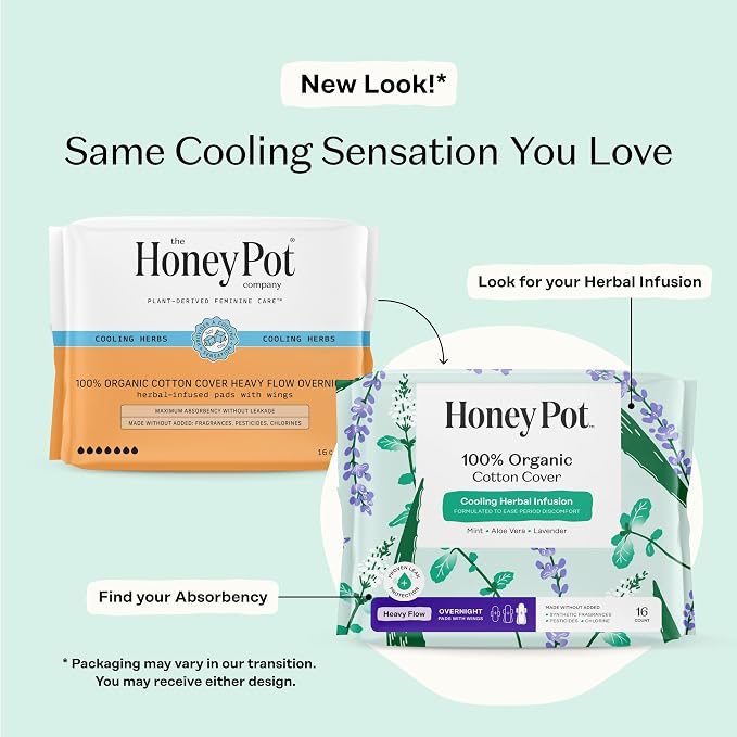 The Honey Pot Company - Herbal Sanitary Pads for Women - Heavy Flow Overnight w/Wings - Infused w/Essential Oils for Cooling Effect & Organic Cotton Cover - Feminine Care - 16 ct