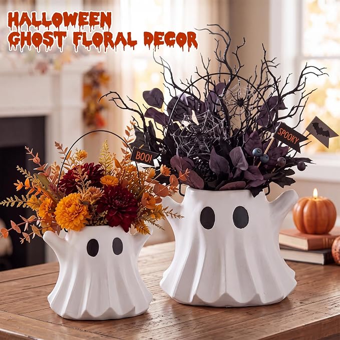 FoldTier 2 Pcs Halloween Ghost Planter Vase Candy Bowl Bucket with Handle | Resin Ghost Design, Multipurpose Flower Pot and Candy Holder, Indoor Outdoor Decor, Home Garden Table Centerpiece for Party