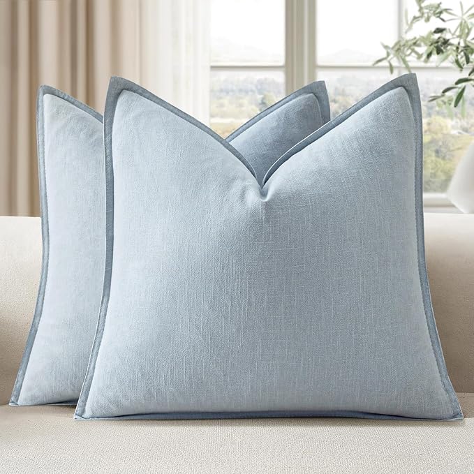 EMEMA Decorative Linen Throw Pillow Covers 20x20 Inch Light Blue | Boho Farmhouse Neutral Couch Throw Pillows for Bed Pack of 2 Accent Pillowcase Modern Sofa Cushion Livingroom Home Decor