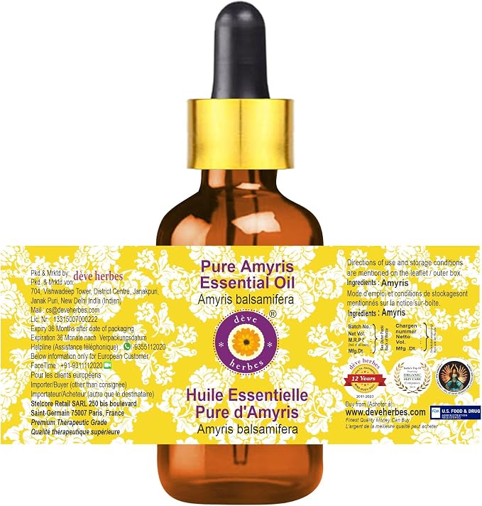 Deve Herbes Pure Amyris Essential Oil (Amyris balsamifera) with Glass Dropper Steam Distilled (Pack of Two) 100ml X 2 (6.76 oz)