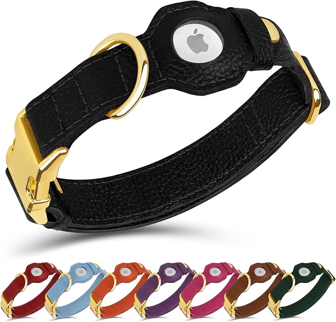 Leather Airtag Dog Collar - Soft Tracking Dog Collar with Apple AirTag Holder and Metal Buckle - Safety GPS Pet Collars for Small Medium Large Dogs Puppy Pink Red (Black, L, 17"-21" Neck Fit)