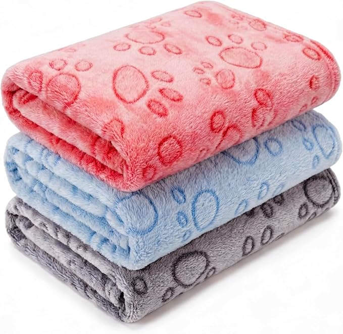 CADONO 1 Pack 3 Blankets for Dog Puppy Cat (Large 41x31'', Blue, Red, Grey) | Super Soft Fluffy Premium Fleece Pet Blanket Flannel Paw Printed Throw