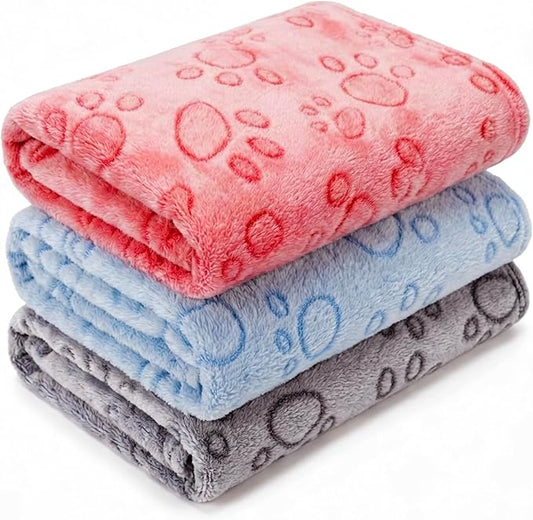 1 Pack 3 Blankets for Dog Puppy Cat (Medium 30x20'', Blue, Red, Grey) | Super Soft Fluffy Premium Fleece Pet Blanket Flannel Paw Printed Throw