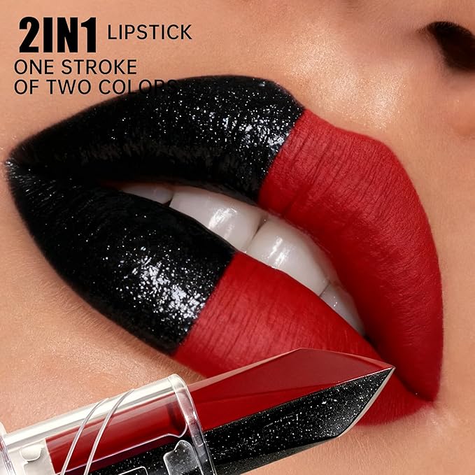 2 in 1 Dark Red Matte Lipstick Glitter Silver Lipstick Dual Sided Waterproof Lipsticks for Women One Stroke Two-Tone Long Lasting Lip Stick for Christmas Halloween,DU-Q9