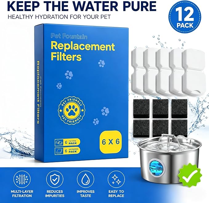 Cat Water Fountain Filter Replacement: 6 PCS Carbon & Sponges | Compatible with UMOCUOY/GIOTOHUN/HOOISE/ATMZIQXR/IHOUONE 74oz/88oz/108oz Stainless Steel Cat Fountains