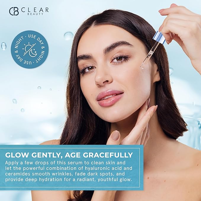 Clear Beauty Ceramide & Hyaluronic Acid Serum for Face - Dermatologist Tested, Anti Aging Korean Skin Care - Deep Hydration, Plumps Fine Lines, Firms, Barrier Repair - Vegan, Clean Beauty- 1.69 Fl Oz