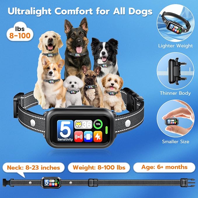 Bark Collar for Small Medium Large Dogs 8-100lbs | Upgraded Smart AI Anti Barking Collar w/AirTag Holder, 5 Modes (Beep/Vib/Safe Shock), Adjustable Sensitivity, Bark Counter, Rechargeable Waterproof