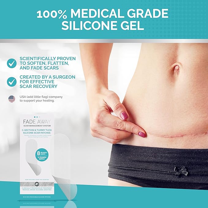 Fade Away Scars Silicone Scar Sheets for C-Section & Tummy Tuck – Reusable Medical Grade Silicone Scar Tape for Surgical Scars – Soft Scar Strips with Storage Pouch – Fade Away Silicone Scar Sheets