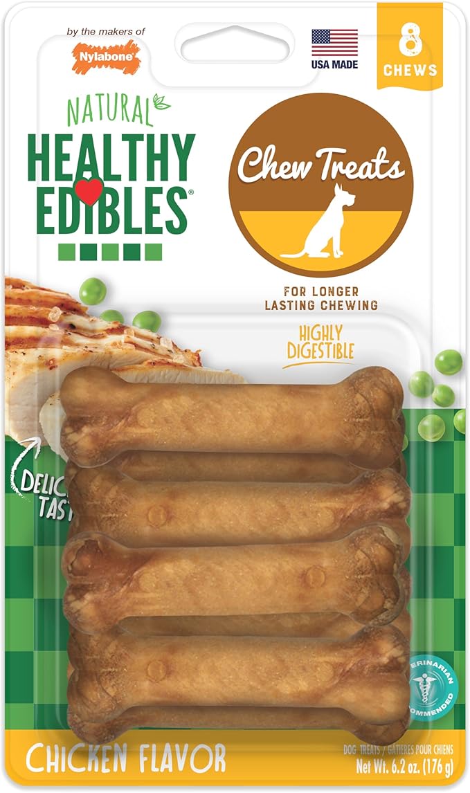 Nylabone Healthy Edibles Dog Treats, Chicken Flavor, X-Small, 8 Count | Natural dog chews, USA made, highly digestible chicken treats, long lasting chews for small dogs up to 15 lbs