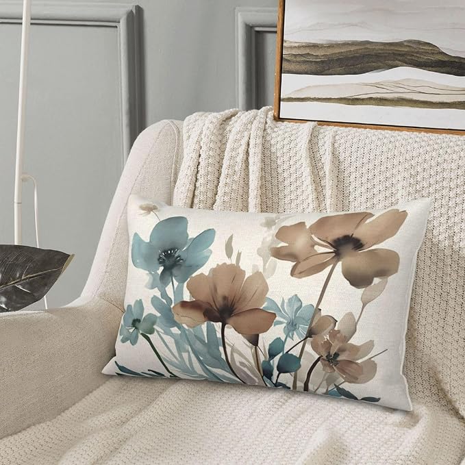 Spring Floral Pillow Covers 12x20 Inches Set of 2 Blue Brown Floral Throw Pillow Covers Outdoor Rustic Summer Flower Decor Pillowcase Farmhouse Decorative Lumbar Cushion Cover for Sofa Couch