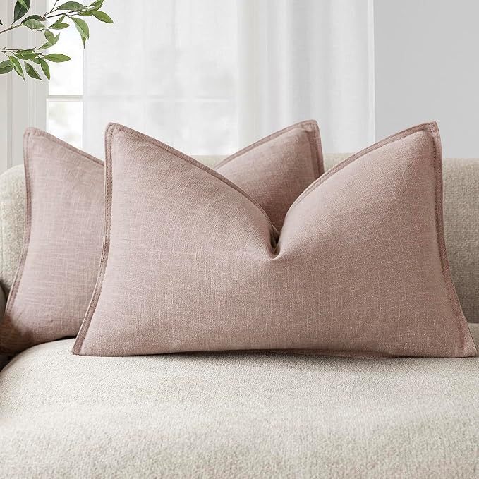 Foindtower Pack of 2, Decorative Linen Solid Throw Pillow Covers Accent Lumbar Cushion Case Farmhouse Pillowcase for Chair Couch Sofa Bedroom Living Room Home Decor 12 x 20 Inch Dusty Pink