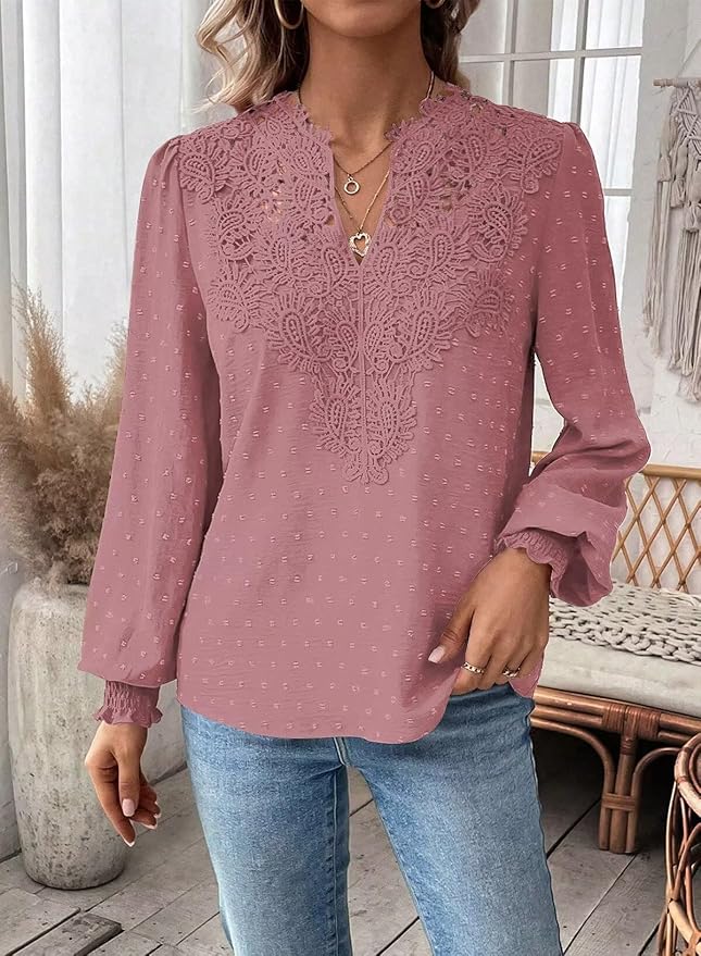 Womens Tops Swiss Dot Boho Long Sleeve Shirts V Neck Casual Chiffon Blouses Flowy Lace Hem Cute Clothing Trendy 2026