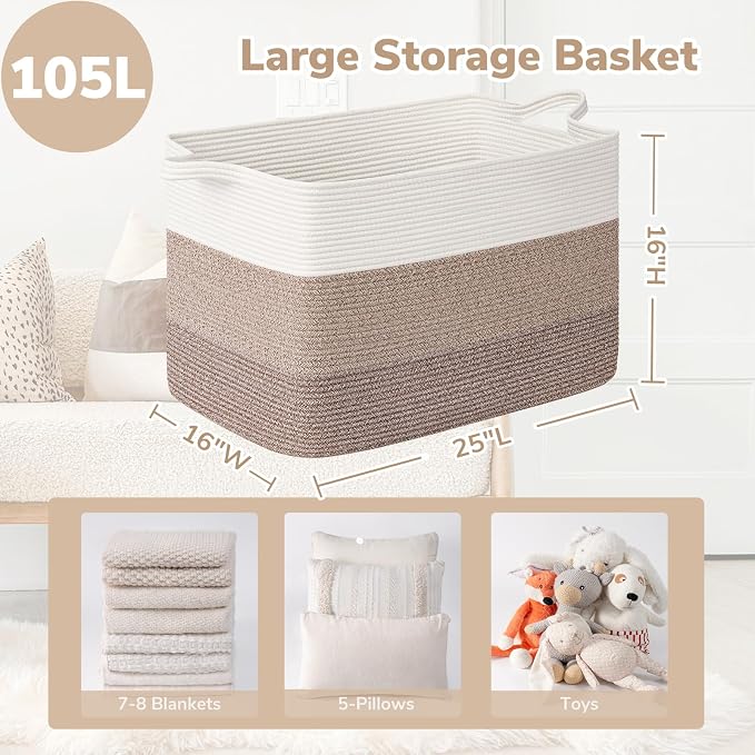 Goodpick 105L Extra Large Woven Rope Blanket Basket, Rectangle, Light Brown | 25'' x 16'' x 16'' Storage Basket for Blankets, Pillows, Toys & Clothes, Living Room, Bedroom & Nursery Organization