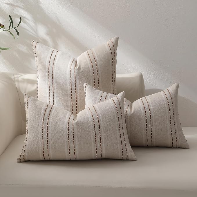 Hckot Rust Throw Pillow Covers 22x22 Set of 2 Striped Fall Pillow Covers Textured Linen Decorative Pillows Square Cushion Covers for Sofa Couch Bed Living Room Farmhouse Decor(Caramel)