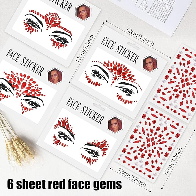 Erythem Face Gems for Women 6 Sheets Red Face Jewels Stick On Self Adhesive Rhinestones Stickers for Halloween Makeup Music Festival Rave Party