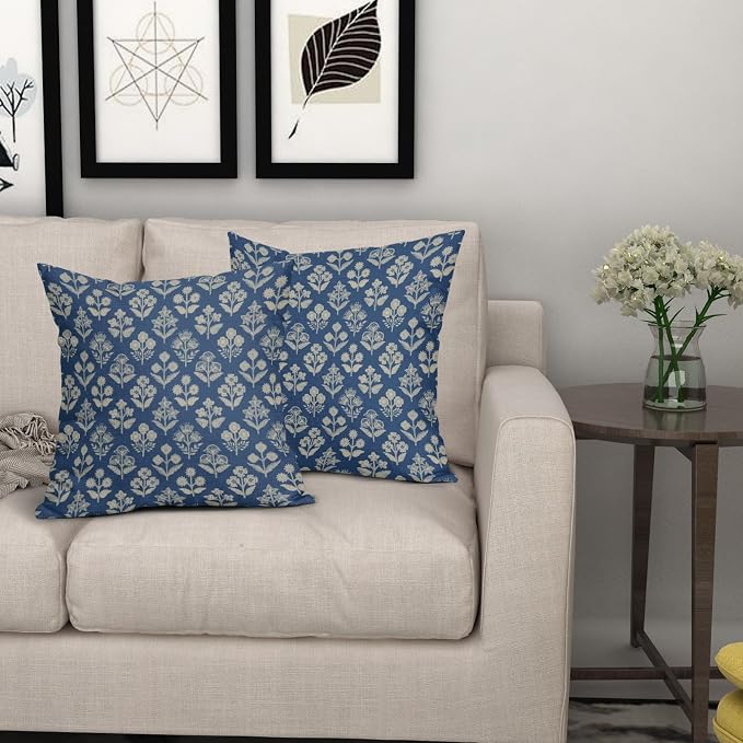 Blue Floral Block Print Pillow Covers 16x16 Inch Set of 2, Vintage Flower Pattern Decorative Throw Pillowcases Outdoor Farmhouse Cushion Covers Spring Summer Rustic Sofa Couch Bed Decor
