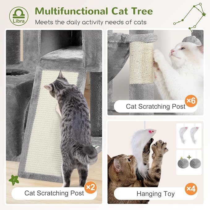 Globlazer Heavy Duty Cat Tree 78 inch Sturdy Cat Tower for 20lbs Large Adult Cats, Symmetrical Aesthetic Big Cat Tree with Extra Large Platform, 2 Scratching Boards, Z78, Light Grey